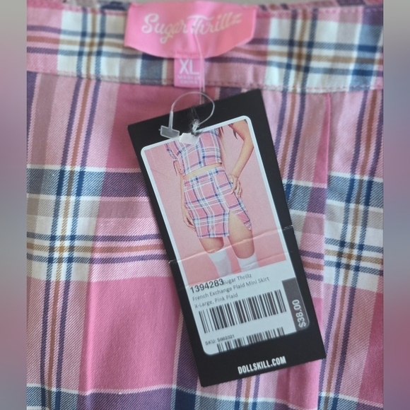 Sugar Thrillz  Pink and Blue Plaid Mini Skirt Size Juniors XL Dolls Kill - Picture 5 of 6